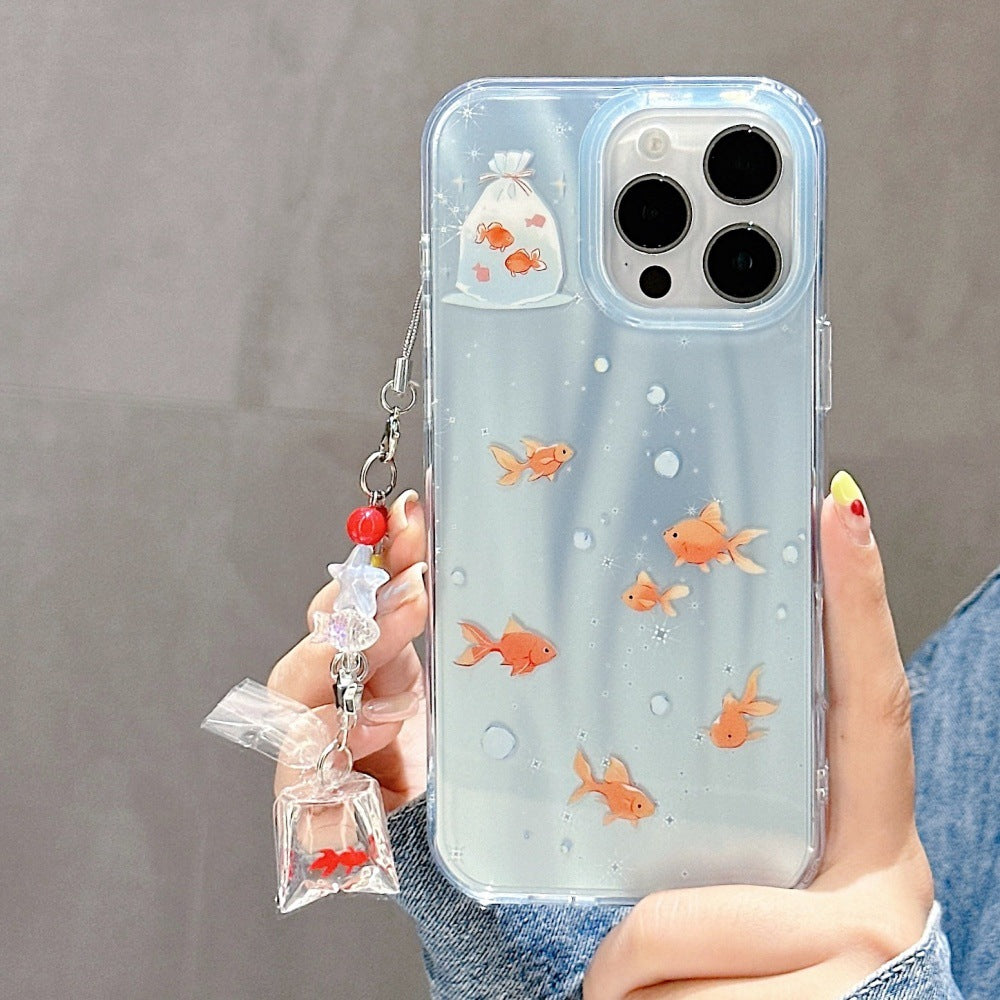 Estuche para teléfono con colgante de dibujos animados de láser de pez dorado oscuro y adorable