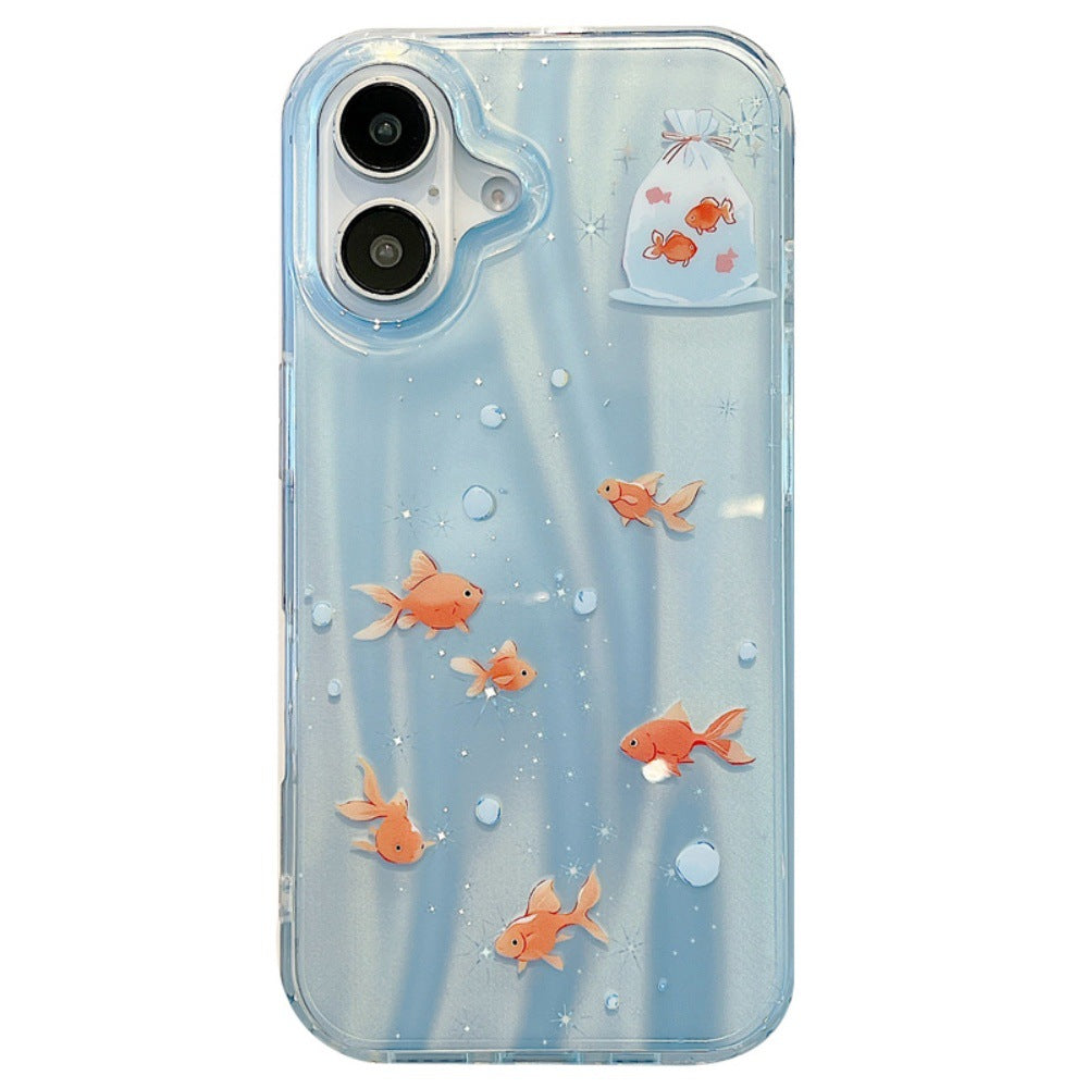 Estuche para teléfono con colgante de dibujos animados de láser de pez dorado oscuro y adorable