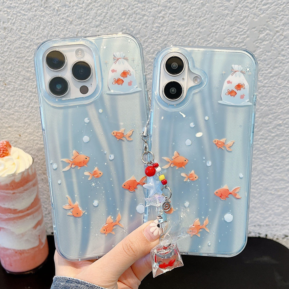 Estuche para teléfono con colgante de dibujos animados de láser de pez dorado oscuro y adorable