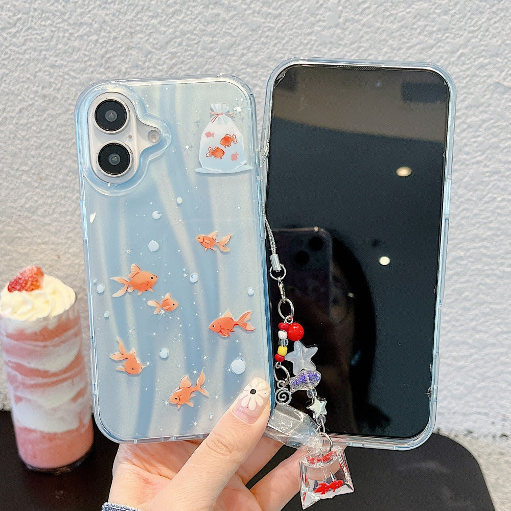 Estuche para teléfono con colgante de dibujos animados de láser de pez dorado oscuro y adorable