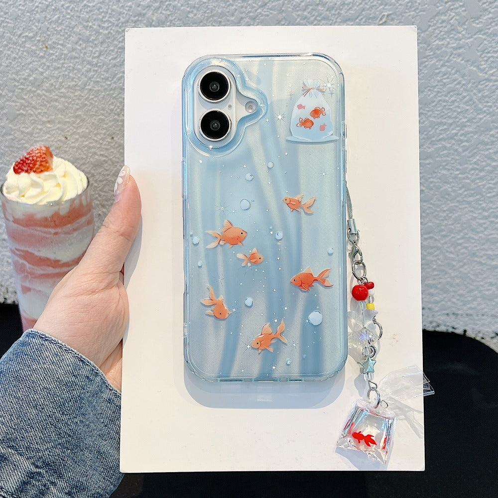Estuche para teléfono con colgante de dibujos animados de láser de pez dorado oscuro y adorable