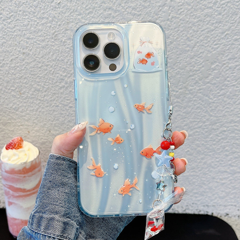 Estuche para teléfono con colgante de dibujos animados de láser de pez dorado oscuro y adorable